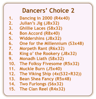 Dancers’ Choice 2  1.	Dancing in 2000 (R4x40) 2.	Julian’s Jig (J8x32) 3.	Ghillie Laces (S8x32) 4.	Bon Accord (R8x40) 5.	Widdershins (J8x32) 6.	One for the Millennium (S3x48) 7.	Morpeth Rant (R6x32) 8.	King o’ the Rookery (J8x32) 9.	Monadh Liath (S8x32) 10.	The Folksy Fivesome (R5x32) 11.	Muckle Burn (J5x40) 12.	The Viking Ship (4x(S32+R32)) 13.	Bean Shea Fancy (R5x48) 14.	Two Furlongs (S6x32) 15.	The Clan Reel (R4x32)