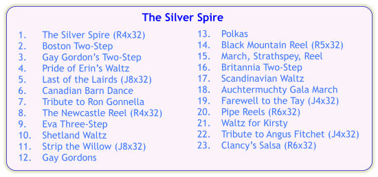 13.	Polkas 14.	Black Mountain Reel (R5x32) 15.	March, Strathspey, Reel 16.	Britannia Two-Step 17.	Scandinavian Waltz 18.	Auchtermuchty Gala March 19.	Farewell to the Tay (J4x32) 20.	Pipe Reels (R6x32) 21.	Waltz for Kirsty 22.	Tribute to Angus Fitchet (J4x32) 23.	Clancy’s Salsa (R6x32)   1.	The Silver Spire (R4x32) 2.	Boston Two-Step 3.	Gay Gordon’s Two-Step 4.	Pride of Erin’s Waltz 5.	Last of the Lairds (J8x32) 6.	Canadian Barn Dance 7.	Tribute to Ron Gonnella 8.	The Newcastle Reel (R4x32) 9.	Eva Three-Step 10.	Shetland Waltz 11.	Strip the Willow (J8x32) 12.	Gay Gordons The Silver Spire
