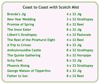 Coast to Coast with Scotch Mist  Brenda’s Jig	4 x 32 Jig  New Year Wedding	3 x 32 Strathspey  Promise of Spring	8 x 32 Reel  The Snow Eater	8 x 32 Jig  Lilbert’s Strathspey	4 x 32 Pastorale  The Reel of the Pinehurst Eight	4 x 32 Reel	  A Trip to Crinan	8 x 32 Jig  Amhuinnsuidhe Castle	8 x 32 Strathspey  The Quinte Gathering	8 x 32 Hornpipe  Itchy Feet	8 x 32 Jig  Phoenix Rising	4 x 32 Strathspey  George Watson of Tipperlinn	8 x 32 Jig  Father to Son	8 x 32 Reel