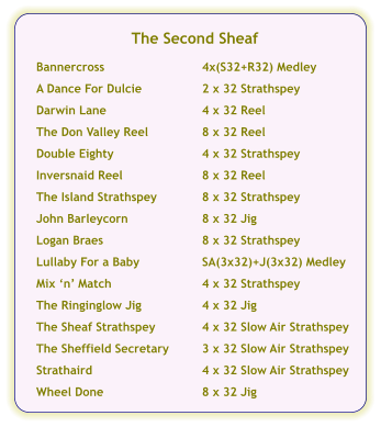 The Second Sheaf  Bannercross	4x(S32+R32) Medley  A Dance For Dulcie	2 x 32 Strathspey  Darwin Lane	4 x 32 Reel  The Don Valley Reel	8 x 32 Reel  Double Eighty	4 x 32 Strathspey  Inversnaid Reel	8 x 32 Reel  The Island Strathspey	8 x 32 Strathspey  John Barleycorn	8 x 32 Jig  Logan Braes	8 x 32 Strathspey  Lullaby For a Baby	SA(3x32)+J(3x32) Medley  Mix n Match	4 x 32 Strathspey  The Ringinglow Jig	4 x 32 Jig  The Sheaf Strathspey	4 x 32 Slow Air Strathspey  The Sheffield Secretary	3 x 32 Slow Air Strathspey  Strathaird	4 x 32 Slow Air Strathspey  Wheel Done	8 x 32 Jig