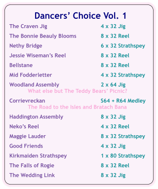 Dancers Choice Vol. 1  The Craven Jig	4 x 32 Jig  The Bonnie Beauly Blooms	8 x 32 Reel  Nethy Bridge	6 x 32 Strathspey  Jessie Wisemans Reel	8 x 32 Reel  Bellstane	8 x 32 Reel  Mid Fodderletter	4 x 32 Strathspey  Woodland Assembly	2 x 64 Jig What else but The Teddy Bears Picnic?  Corrievreckan	S64 + R64 Medley The Road to the Isles and Bratach Bana  Haddington Assembly	8 x 32 Jig  Nekos Reel	4 x 32 Reel  Maggie Lauder	8 x 32 Strathspey  Good Friends	4 x 32 Jig  Kirkmaiden Strathspey	1 x 80 Strathspey  The Falls of Rogie	8 x 32 Reel   The Wedding Link	8 x 32 Jig