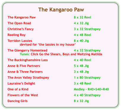 The Kangaroo Paw  The Kangaroo Paw	8 x 32 Reel  The Open Road	4 x 32 Jig  Christines Fancy	3 x 32 Strathspey  Reeling Roy	4 x 48 Reel  Torridon Lassies	8 x 40 Jig 	devised for the lassies in my house  The Glengarry Homestead	4 x 32 Strathspey 	Tunes: Click Go the Shears, Boys and Waltzing Matilda  The Buckinghamshire Lass	4 x 40 Reel  Anne & Five Partners	5 x 48 Jig  Anne & Three Partners	3 x 48 Jig  The Avon Valley Strathspey	1 x 80 Strathspey  Lauraines Delight	3 x 48 Reel  One of a Kind	Medley - R40+S40+R40  Flowers of the West	4 x 40 Strathspey  Dancing Girls	8 x 32 Jig