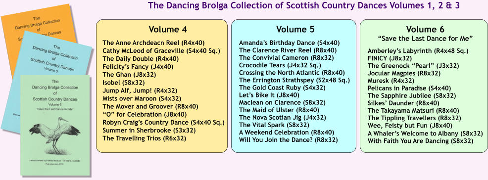 Volume 6 “Save the Last Dance for Me”  Amberley’s Labyrinth (R4x48 Sq.) FINICY (J8x32) The Greenock “Pearl” (J3x32) Jocular Magpies (R8x32) Muresk (R4x32) Pelicans in Paradise (S4x40) The Sapphire Jubilee (S8x32) Silkes’ Daunder (R8x40) The Takayama Matsuri (R8x40) The Tippling Travellers (R8x32) Wee, Feisty but Fun (J8x40) A Whaler’s Welcome to Albany (S8x32) With Faith You Are Dancing (S8x32) Volume 5  Amanda’s Birthday Dance (S4x40) The Clarence River Reel (R8x40) The Convivial Cameron (R8x32) Crocodile Tears (J4x32 Sq.) Crossing the North Atlantic (R8x40) The Errington Strathspey (S2x48 Sq.) The Gold Coast Ruby (S4x32) Let’s Bike It (J8x40) Maclean on Clarence (S8x32) The Maid of Ulster (R8x40) The Nova Scotian Jig (J4x32) The Vital Spark (S8x32) A Weekend Celebration (R8x40) Will You Join the Dance? (R8x32)  Volume 4  The Anne Archdeacn Reel (R4x40) Cathy McLeod of Graceville (S4x40 Sq.) The Daily Double (R4x40) Felicity’s Fancy (J4x40) The Ghan (J8x32) Isobel (S8x32) Jump Alf, Jump! (R4x32) Mists over Maroon (S4x32) The Mover and Groover (R8x40) “O” for Celebration (J8x40) Robyn Craig’s Country Dance (S4x40 Sq.) Summer in Sherbrooke (S3x32) The Travelling Trios (R6x32) The Dancing Brolga Collection of Scottish Country Dances Volumes 1, 2 & 3