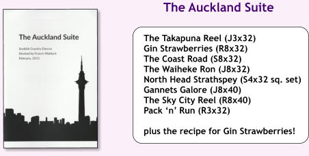 The Takapuna Reel (J3x32) Gin Strawberries (R8x32) The Coast Road (S8x32) The Waiheke Ron (J8x32) North Head Strathspey (S4x32 sq. set) Gannets Galore (J8x40) The Sky City Reel (R8x40) Pack ‘n’ Run (R3x32)  plus the recipe for Gin Strawberries! The Auckland Suite