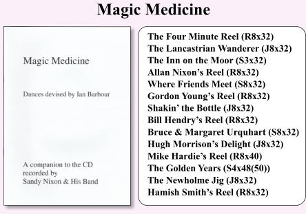 The Four Minute Reel (R8x32) The Lancastrian Wanderer (J8x32) The Inn on the Moor (S3x32) Allan Nixons Reel (R8x32) Where Friends Meet (S8x32) Gordon Youngs Reel (R8x32) Shakin the Bottle (J8x32) Bill Hendrys Reel (R8x32) Bruce & Margaret Urquhart (S8x32) Hugh Morrisons Delight (J8x32) Mike Hardies Reel (R8x40) The Golden Years (S4x48(50)) The Newholme Jig (J8x32) Hamish Smiths Reel (R8x32)  Magic Medicine