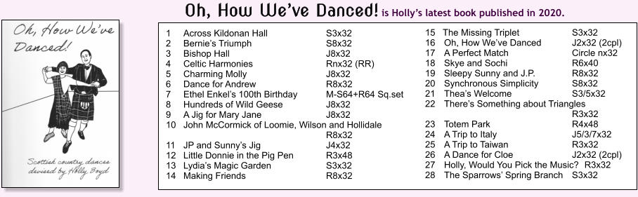 1	Across Kildonan Hall 	S3x32 2	Bernies Triumph 	S8x32 3	Bishop Hall 	J8x32 4	Celtic Harmonies 	Rnx32 (RR) 5	Charming Molly 	J8x32 6	Dance for Andrew 	R8x32 7	Ethel Enkels 100th Birthday 	M-S64+R64 Sq.set 8	Hundreds of Wild Geese 	J8x32 9	A Jig for Mary Jane 	J8x32 10	John McCormick of Loomie, Wilson and Hollidale 			R8x32 11	JP and Sunnys Jig 	J4x32 12	Little Donnie in the Pig Pen 	R3x48 13	Lydias Magic Garden	S3x32 14	Making Friends 	R8x32 15	The Missing Triplet 	S3x32 16	Oh, How Weve Danced 	J2x32 (2cpl) 17	A Perfect Match 	Circle nx32  18	Skye and Sochi 	R6x40 19	Sleepy Sunny and J.P.	R8x32 20	Synchronous Simplicity 	S8x32 21	Theas Welcome 	S3/5x32 22	Theres Something about Triangles 			R3x32 23	Totem Park 	R4x48 24	A Trip to Italy 	J5/3/7x32  25	A Trip to Taiwan 	R3x32 26	A Dance for Cloe 	J2x32 (2cpl) 27	Holly, Would You Pick the Music? 	R3x32 28	The Sparrows Spring Branch 	S3x32  Oh, How Weve Danced! is Hollys latest book published in 2020.