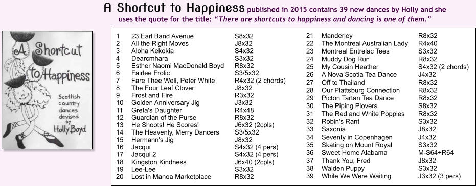 1	23 Earl Band Avenue 	S8x32 2	All the Right Moves 	J8x32 3	Aloha Kekokia 	S4x32 4	Dearcmhara 	S3x32 5	Esther Naomi MacDonald Boyd 	R8x32 6	Fairlee Frolic 	S3/5x32 7	Fare Thee Well, Peter White 	R4x32 (2 chords) 8	The Four Leaf Clover 	J8x32 9	Frost and Fire 	R3x32 10	Golden Anniversary Jig 	J3x32 11	Greta's Daughter 	R4x48 12	Guardian of the Purse 	R8x32 13	He Shoots! He Scores! 	J6x32 (2cpls) 14	The Heavenly, Merry Dancers 	S3/5x32 15	Hermann's Jig 	J8x32 16	Jacqui 	S4x32 (4 pers) 17	Jacqui 2 	S4x32 (4 pers) 18	Kingston Kindness 	J6x40 (2cpls) 19	Lee-Lee 	S3x32 20	Lost in Manoa Marketplace 	R8x32 21	Manderley 	R8x32 22	The Montreal Australian Lady 	R4x40 23	Montreal Entrelac Tees 	S3x32 24	Muddy Dog Run 	R8x32 25	My Cousin Heather 	S4x32 (2 chords) 26	A Nova Scotia Tea Dance 	J4x32 27	Off to Thailand 	R8x32 28	Our Plattsburg Connection 	R8x32 29	Picton Tartan Tea Dance 	R8x32 30	The Piping Plovers 	S8x32 31	The Red and White Poppies 	R8x32 32	Robin's Rant 	S3x32 33	Saxonia 	J8x32 34	Seventy in Copenhagen 	J4x32 35	Skating on Mount Royal 	S3x32 36	Sweet Home Alabama 	M-S64+R64 37	Thank You, Fred 	J8x32 38	Walden Puppy 	S3x32 39	While We Were Waiting 	J3x32 (3 pers) A Shortcut to Happiness published in 2015 contains 39 new dances by Holly and she uses the quote for the title: There are shortcuts to happiness and dancing is one of them.
