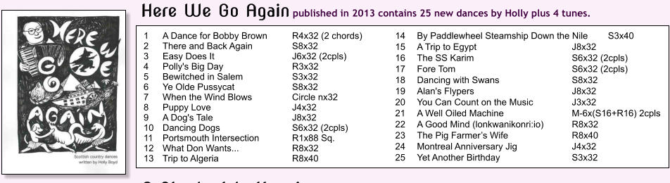 1	A Dance for Bobby Brown 	R4x32 (2 chords) 2	There and Back Again	S8x32 3	Easy Does It 	J6x32 (2cpls) 4	Polly's Big Day 	R3x32 5	Bewitched in Salem 	S3x32 6	Ye Olde Pussycat 	S8x32 7	When the Wind Blows 	Circle nx32 8	Puppy Love 	J4x32	 9	A Dog's Tale	J8x32 10	Dancing Dogs 	S6x32 (2cpls) 11	Portsmouth Intersection 	R1x88 Sq. 12	What Don Wants... 	R8x32 13	Trip to Algeria 	R8x40 14	By Paddlewheel Steamship Down the Nile 	S3x40 15	A Trip to Egypt 	J8x32 16	The SS Karim 	S6x32 (2cpls) 17	Fore Tom 	S6x32 (2cpls) 18	Dancing with Swans 	S8x32 19	Alan's Flypers 	J8x32 20	You Can Count on the Music 	J3x32 21	A Well Oiled Machine 	M-6x(S16+R16) 2cpls 22	A Good Mind (lonkwanikonri:io) 	R8x32 23	The Pig Farmers Wife	R8x40 24	Montreal Anniversary Jig	J4x32 25	Yet Another Birthday	S3x32  Here We Go Again published in 2013 contains 25 new dances by Holly plus 4 tunes.